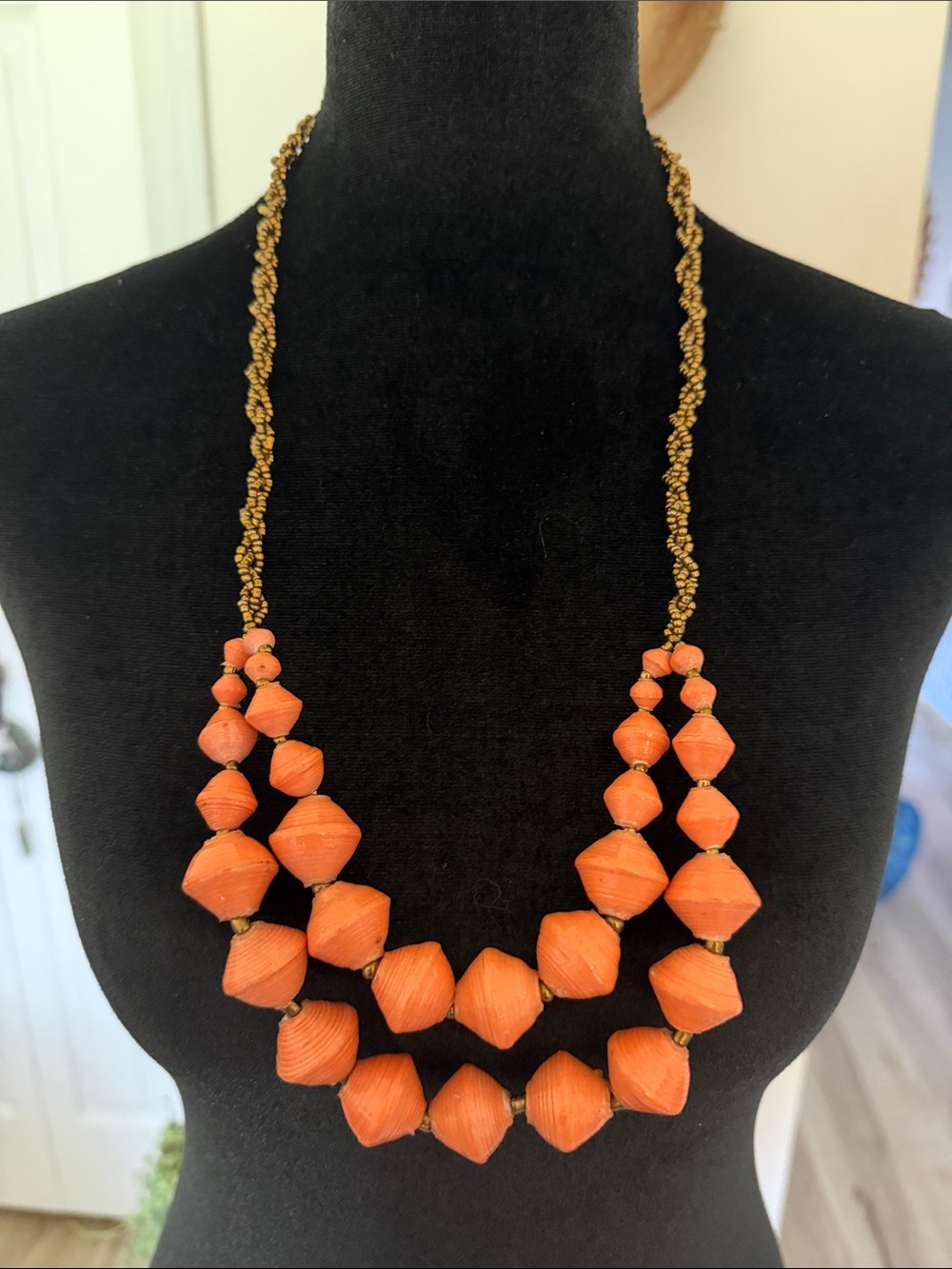 Vintage Teng Yue Handcrafted Paper Bead Necklace, Artisan Boho Style 1990’s